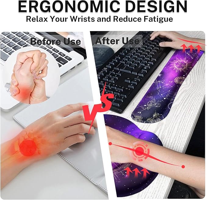 Arttown Sun Space Galaxy Desk Mat Constellation Astrology Mouse Pad Set 4 in 1 Ergonomic Design Large Mousepad + Keyboard Wrist Rest + Mouse Wrist Rest + Coaster Suitable for Home Office Study Game