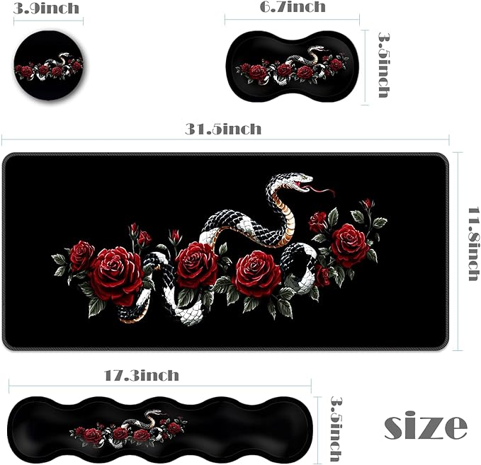 Ergonomic Keyboard Wrist Rest &amp Mouse Pad Wrist Rest SetXL Gaming Desk Mat 31.5x 11.8Non-Slip BaseMemory FoamEasy Typing Pain Relief for Office &amp HomeSnake with Red Roses
