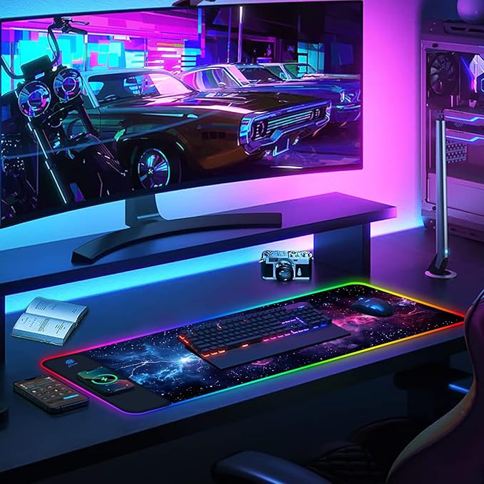 AIMSA RGB Gaming Mouse Pad with Wireless Charging Large Keyboard Mouse Pad with 14 LED Light Modes Non-Slip Rubber Base Waterproof Desk Pad for Home Office Decor Blue Purple Cosmic Nebula