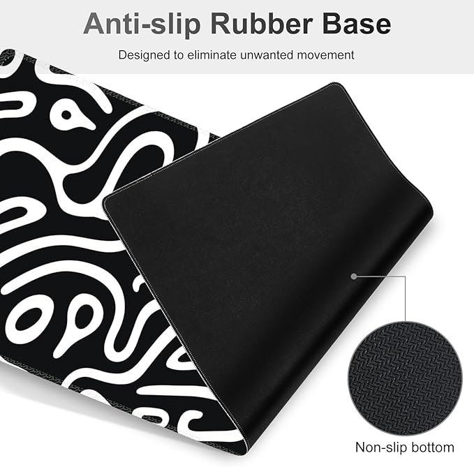 Large Gaming Mouse Pad Set 4 in 1 Extended Keyboard Desk Mat with Wrist Rest Computer Game Mousepad Non-Slip Desk Pad Easy Typing Pain Relief for Home Office I Black White Topographic