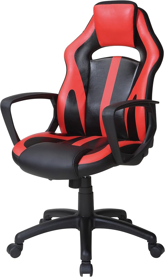 OSP Home Furnishings Influx Adjustable Faux Leather Gaming Chair with Lumbar Support and Full 360 Rotation Red Accents