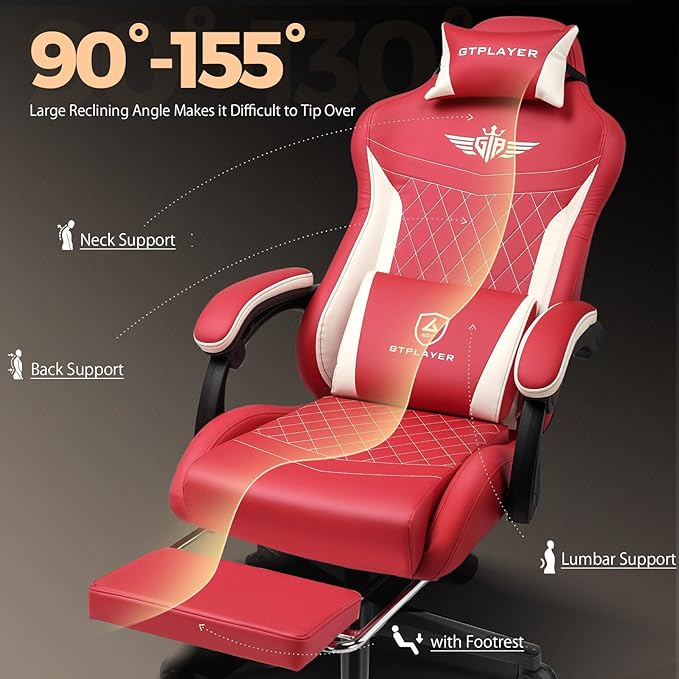 GTPLAYER Gaming Chair with Footrest Big and Tall Game Chair High Back Computer Office Chair with Lumbar Support for Adults Ergonomic Swivel Games Chair with Cushion Gaming Leather Red