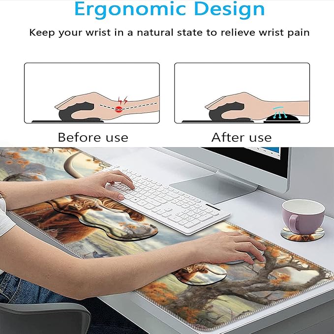 Keyboard Mouse Pad SetLarge Mouse Pad+Keyboard Wrist Rest+Wrist Support+Coaster31.5x11.8in Extended Desk Mat for Computer Laptop Office Home-Highland Cow