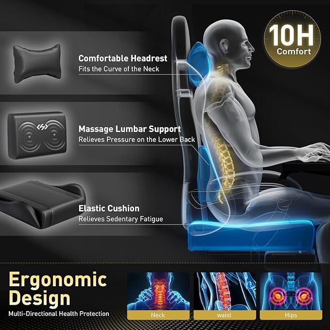 HLDIRECT Gaming Chair Ergonomic Video Game Seat with 360° Swivel &amp Lumbar Massage Computer Chair PU Leather Cushion for Adults Home/Office Use (Black)