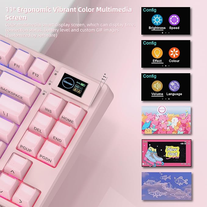 Womier 75% Pink Keyboard Wireless with Color Multimedia Screen Creamy Mechanical Gaming Keyboard 3-Modes Hot Swappable Cute Key Board w/Wrist Rest Gasket RGB Custom for Mac/Win (SK80 PRO)