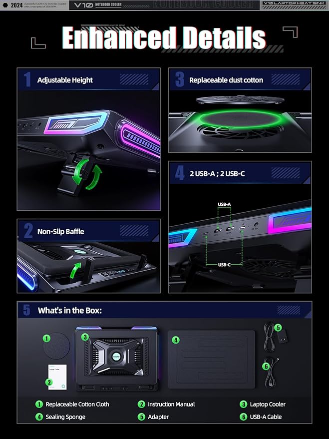 llano V10 Gaming Laptop Cooling Pad RGB Laptop Cooler Stand with Powerful 4.72 Inch External Turbo Cooling Fan Fast Cooling Computer 13-17.3in Button Control 3 Adjustable Stand 4-Port USB C&ampA