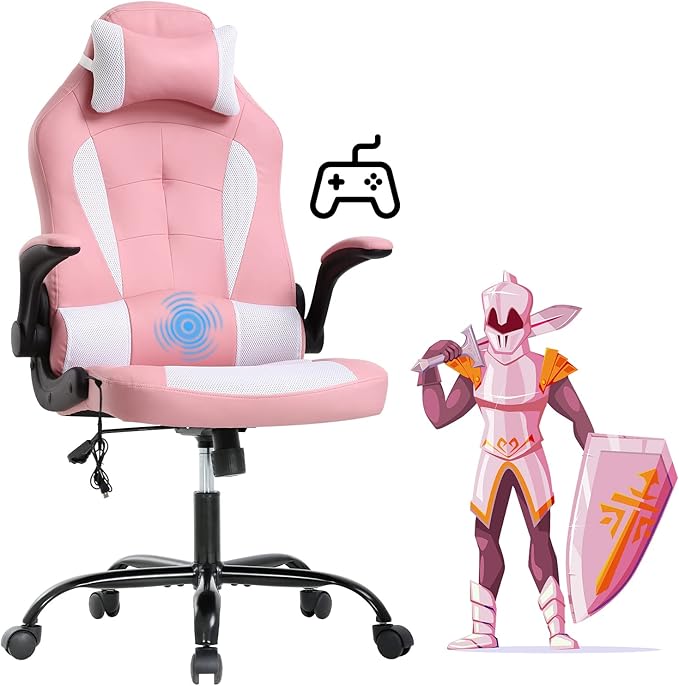 Ergonomic Gaming Office Chair - High Back Executive Computer Chair with Lumbar Support &amp Flip-Up Arms PU Leather Adjustable Swivel Chair for Women/Men Height Adjustable Massage Desk Chair (Pink)