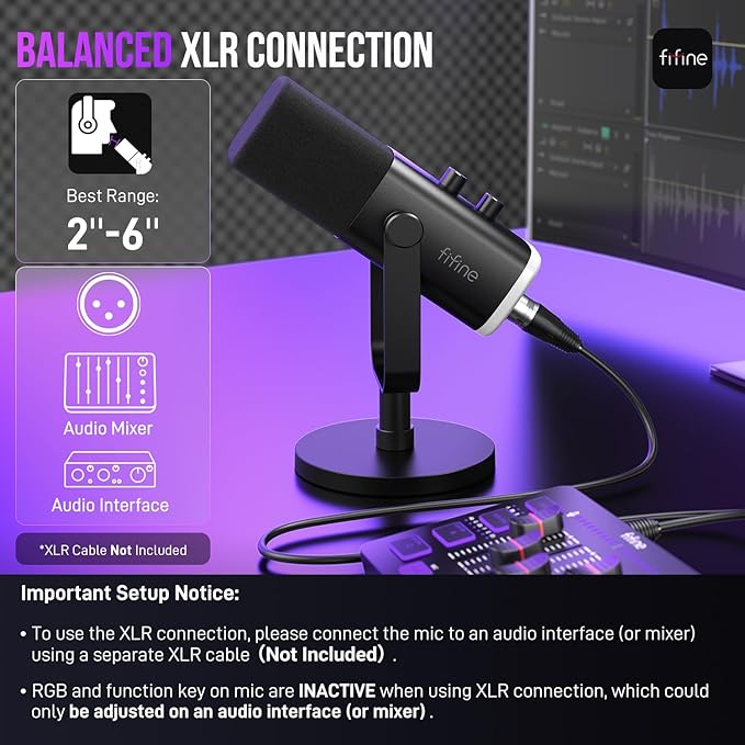 FIFINE USB/XLR Dynamic Microphone for Podcast Recording PC Computer Gaming Streaming Mic with RGB Light Mute Button Headphones Jack Desktop Stand Vocal Mic for Singing YouTube-AmpliGame AM8
