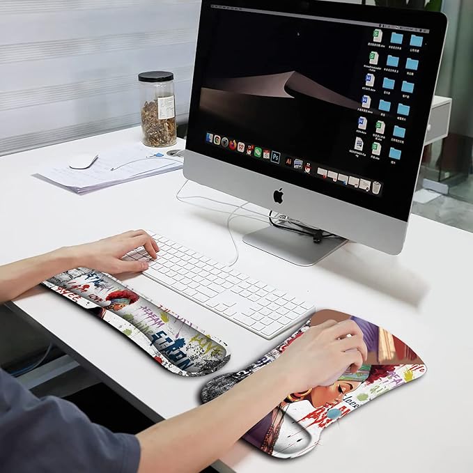 Ergonomic Mouse Pad Wrist Support Gel and Keyboard Wrist Rest Set African Graffiti Girls with Red Hair Design for Laptop Gaming and Office Comfortable and Pain Relief + Coaster
