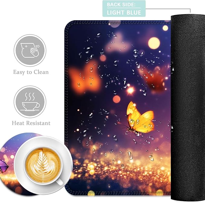 Keyboard Mouse Pad Set Extended Gaming Mouse Pad+Ergonomics Keyboard Wrist Rest Support Memory Foam Easy Typing Pain Relief 4Pcs XL Ultra Thick Desk MatMagical Butterflies
