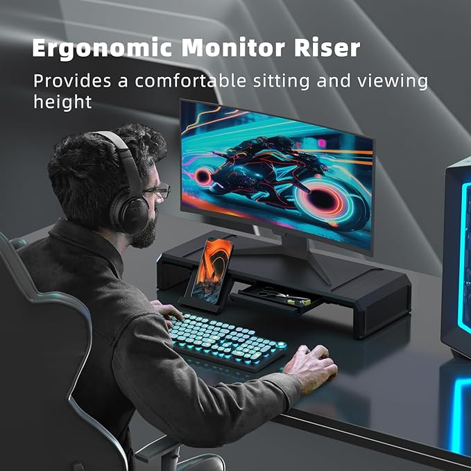 Heymaster Monitor Stand Riser Foldable Computer Monitor Riser Adjustable Length Computer Stand Desk Shelf Riser with Storage Drawer &ampTablet Phone Stand for Desktop Laptop