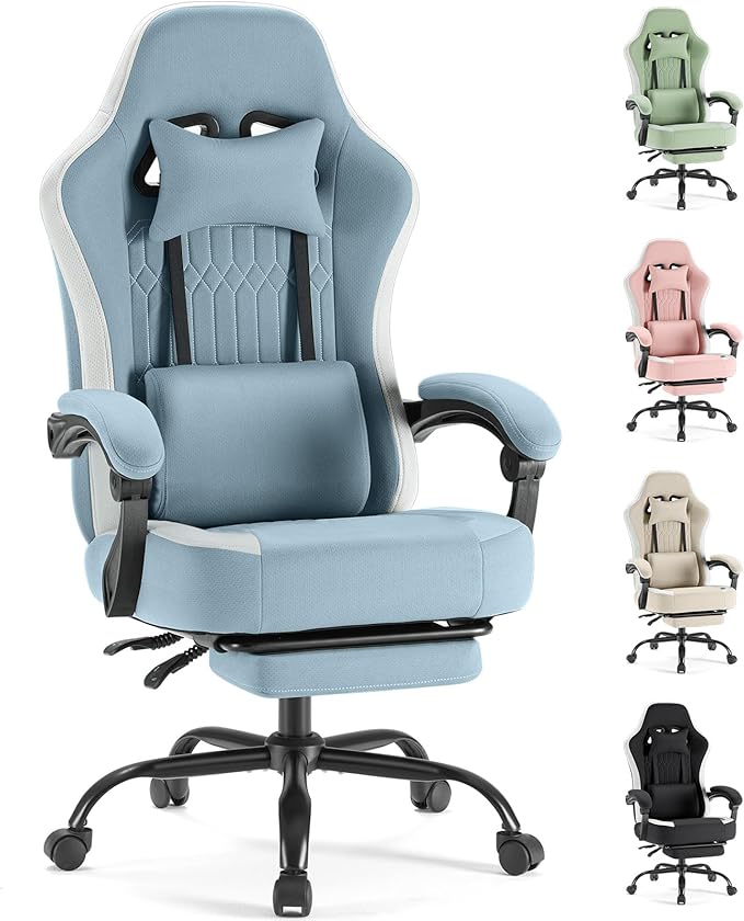 Sweetcrispy Video Game Chair - High Back Ergonomic Computer Desk Chair with Footrest &amp Lumbar Support Height Adjustable Task Chair with Linkage Armrests and Headrest 360° Swivel Wheels Blue