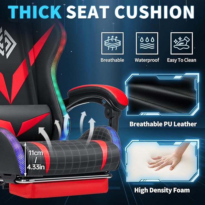 RGB Gaming Chair with Massage and LED Lights Ergonomic Computer Chair with Footrest High Back Video Game Chair with Adjustable Lumbar Support Linkage Armrest Red and Black