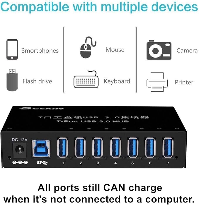 USB 3.0 Hub USB Data Hub Metal Case Mountable 7-Port Powered USB Hub 3.0 with 36W AC Adapter-Type A