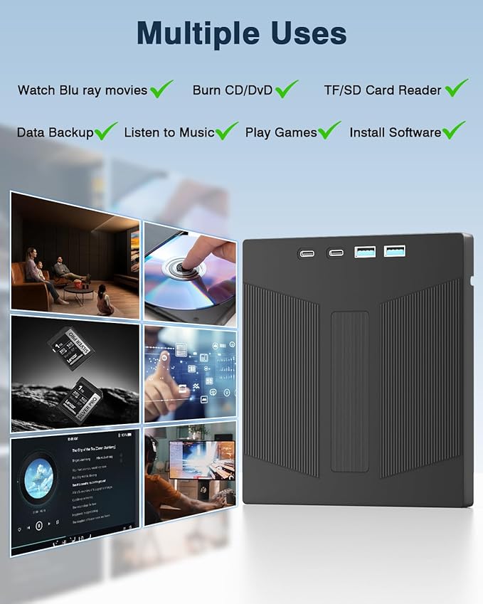 7-in-1 External Blu Ray DriveUSB 3.0&ampType-C External Bluray/DVD Burner &amp SD/TF Card ReaderSupport 100G Disc R/W for PC External Bluray Drive Compatible with Windows Mac Linux Laptop Desktop