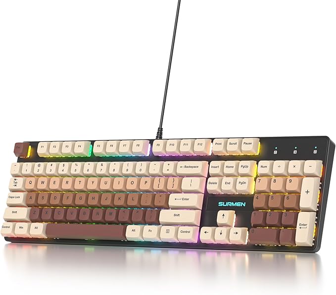 surmen Brown Wired Mechanical Keyboard Full-Size 104-Key RGB Thocky Keyboard with Number Pad USB Retro PBT Keycaps for Win Gaming/Office (104 Coffee)