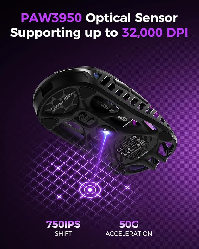 GravaStar Mercury X Pro Wireless Gaming Mouse Come with 8K Dongle – 32000 DPI PAW 3950 Sensor 8000Hz Polling Rate Only 49g Magnesium Alloy Hollow Frame RGB Lighting 5 Programmable Buttons