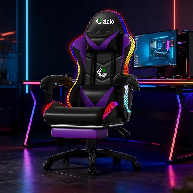 Gaming Chair RGB LED Lights Computer Chair with Footrest Lumbar Support Massager Gamer Chair High Back 90-135° Reclining Linkage Armrests Purple