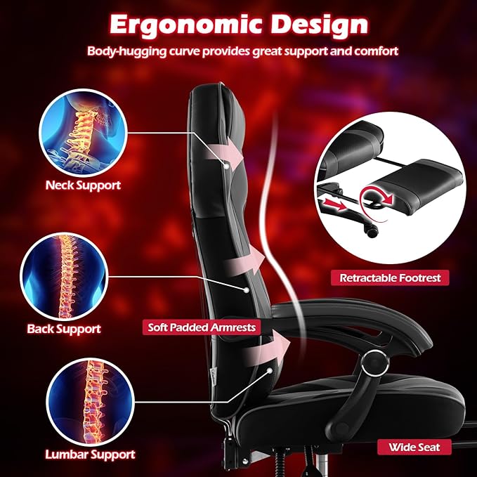 Giantex Gaming Chair with Footrest for Adults Reclining Video Game Chair w/Lumbar Support Racing Style Ergonomic Office Computer Chair Height Adjustable Swivel Gamer Chair for Gaming (Grey)