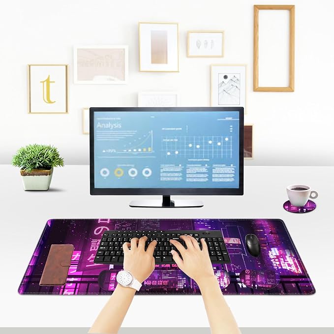 ToLuLu Extended Gaming Mouse Pad Memory Foam Ergonomic Keyboard Mouse Wrist Rest Support Set Large Desk Mat with Stitched Edges Non-Slip Base Mousepad for Home Office Neno City Anime Japanese