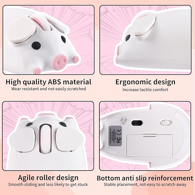 Wireless Bluetooth Mouse Cute Little Pig Dual Mode(BT &amp 2.4G USB) Silent Portable Ergonomic Wireless Optical Kawaii Mice for PC Laptop Tablet Computer Kids Boys Girls Animal Lovers Gift (White)