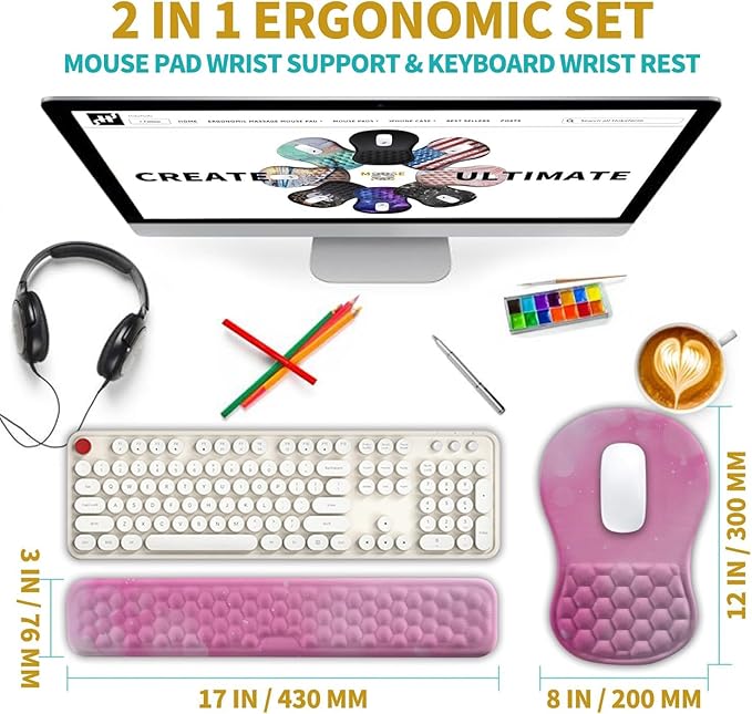 Hokafenle 2 in 1 Ergonomic Mouse Pad Wrist Support &amp Wrist Rest for Computer Keyboard Set with Relieve Carpal Tunnel Pain Massage Bulge and Full Memory Gel Design (2In1 Set Sweet Pink)