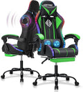 Gaming Chair Massage with Bluetooth Speakers and Lights Ergonomic Computer Game Chair with Footrest LED RGB Lights High Back Music Video Game Chair with Lumbar Support Green and Black