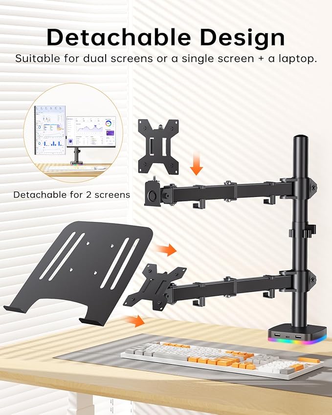 RGB Monitor and Laptop Mount Stand with 3 USB Ports Charging and USB Data Transfer Adjustable laptop stand for 13 to 32 Screen and 11-17” Laptop Holds 18lbs/Arm 75x75/100x100 VESA C-Clamp