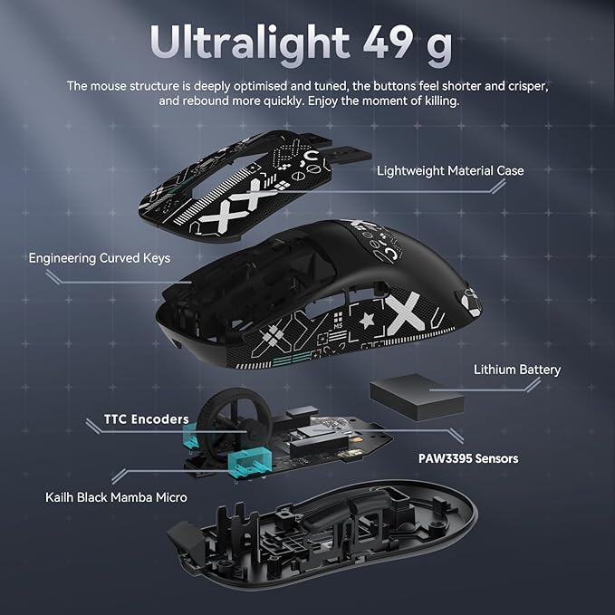 MAMBASNAKE Attack Shark X3 Wireless Gaming Mouse 49g Ultralight PixArt PAW3395 26000 DPI Bluetooth/2.4Ghz /Wired Tri-Mode 200Hrs Rechargeable Battery Kailh GM8.0 Switch for PC/MAC/Win Black&ampT