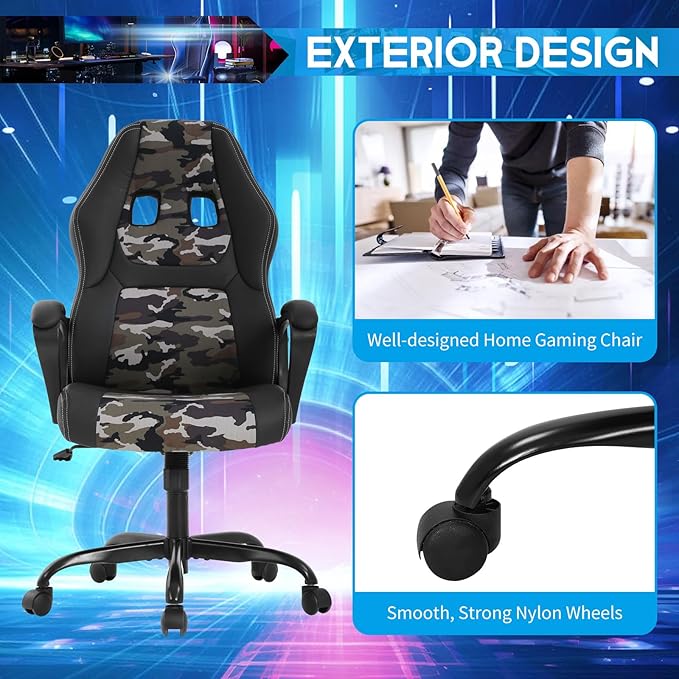 Video Gaming Chair with Massage Function Ergonomic Computer Desk Chairs Home Office Desk Chair with Lumbar Support Adjustable Height Swivel Wheels Camo