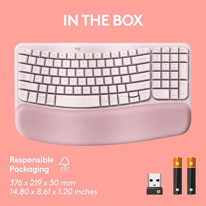 Logitech Wave Keys Wireless Ergonomic Keyboard with Cushioned Palm Rest Comfortable Natural Typing Easy-Switch Bluetooth Logi Bolt Receiver for Multi-OS Windows/Mac - Rose
