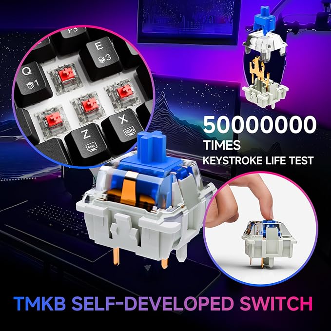 TMKB T63 Gaming Keyboard 60% Wireless Mechanical Keyboard with Bluetooth/2.4G/Type-C Compact 63 Keys Anti-Ghosting RGB Backlight Clicky Blue Switch - Black