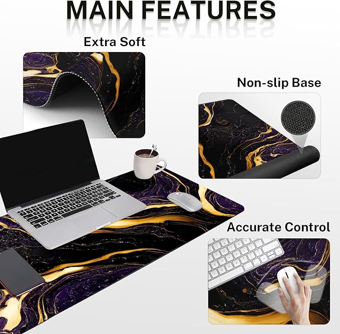 Britimes Purple Black Gold Marble Keyboard Mouse Pad Set 4in1 Large Mousepad+Keyboard Wrist Rest+Mouse Wrist Rest+Coaster Ergonomic Design for Home Office Computer 35.4x15.7 inches