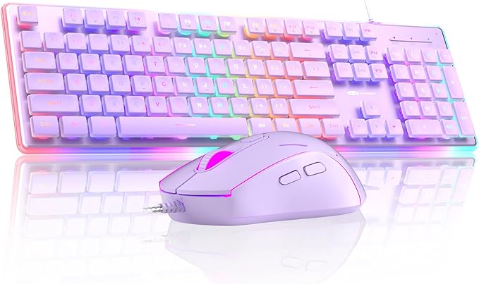 Camiysn Creamy Gaming Keyboard and Mouse Purple 104 Keys RGB and 6 Speed RGB Mouse Combo Pudding Keycaps Silent Computer Keyboard for Computer/PC/Laptop/Mac/Windows/Office
