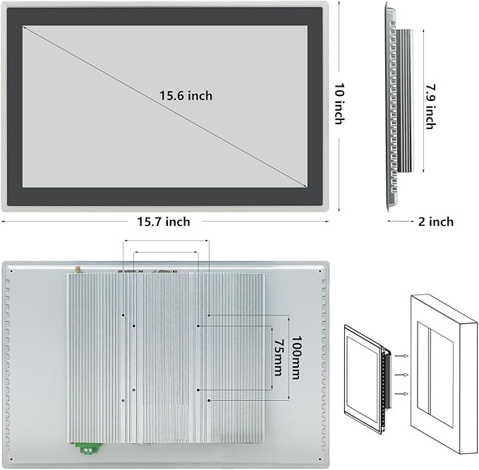 15.6 inch Capacitive Multi-Touchscreen Industrial Embedded Win-10 PC Monitor IP65 Screen with 10 Points Touch Display i3+RAM 4G+128G SSD Integrated Phoenix2pin HD-MI-Out &amp USB Ports