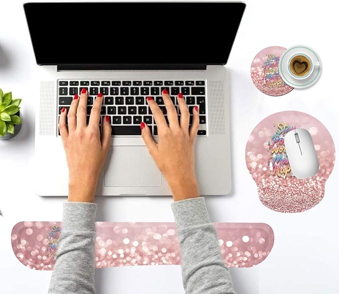Keyboard Wrist Rest and Mouse Pad Wrist Support Set with CoastersStay Positive Work Hard and Make It Happen Inspirational Quote Wrist Mouse Pad with Non-Slip PU Base for Computer Laptop Home Office