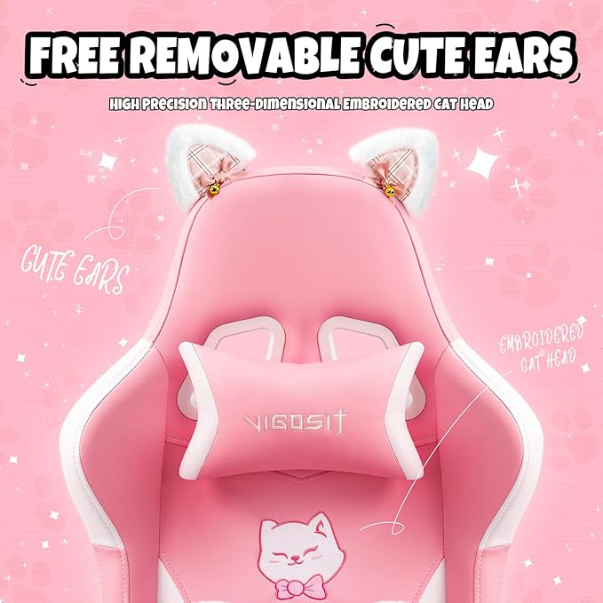 Gaming Chair Cute Cat Computer Chair with Footrest and Headrest Ergonomic Gaming Office Desk Chair with Lumbar Cushion Height Adjustable 360° Swivel Recling Chairs for Adults