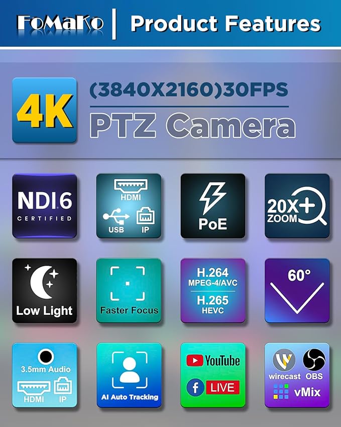 FoMaKo 4K PTZ Camera HDMI NDI AI Auto-Tracking Gen 3 20X Optical Zoom PTZ Camera 4K for Church Worship(Support NDI 6 &amp NDI HX3) K20UH NDI VersionBlack
