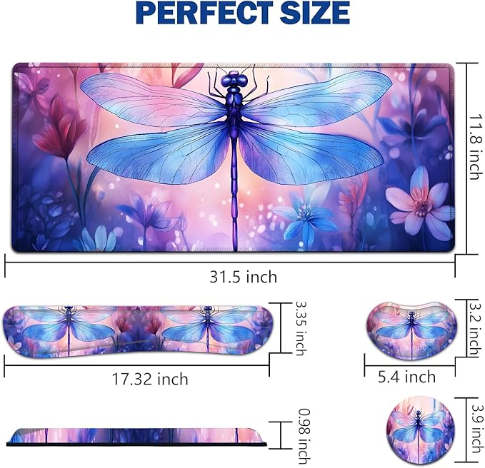 Large Mouse Pad + Keyboard Wrist Rest Set Extended Gaming Mousepad (31.5X11.8 inch) with Non-Slip Rubber Ergonomics Memory Foam Mouse Wrist Rest Support Watercolor Dragonfly XXL Desk Pad