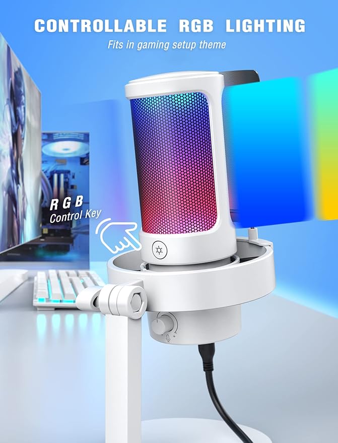 FIFINE Gaming USB PC Computer RGB Microphone for Live Streaming Meeting Podcasting Video Condenser Mic with Monitoring Headphone Jack Light Control for MAC OS/Windows-AmpliGame A8 White