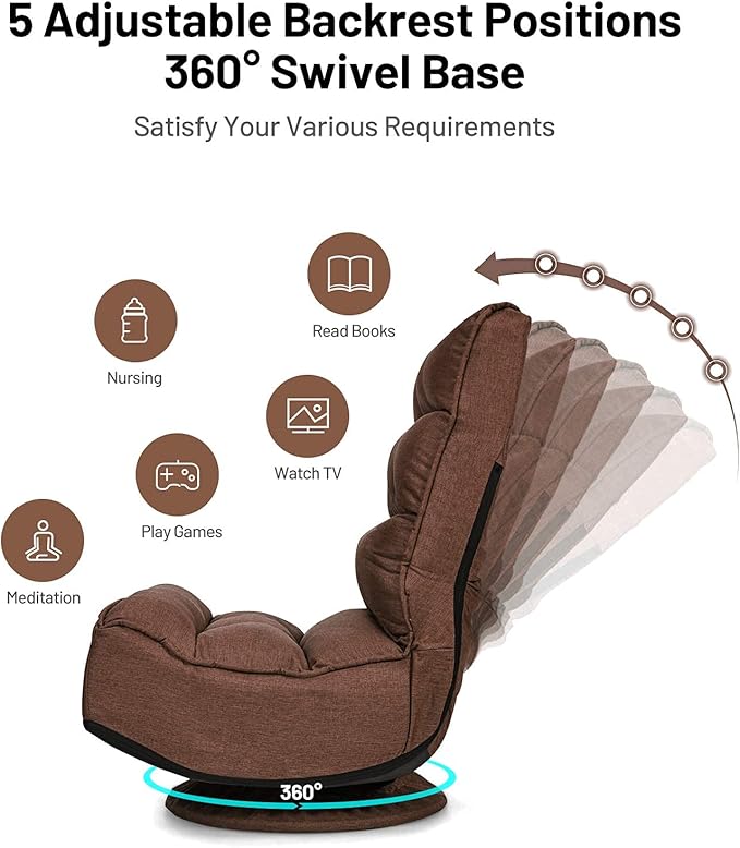 Giantex 360 Degree Swivel Gaming Chair 6 Position Adjustable Folding Floor Chair 300lb Spring Support Comfortable Padded Backrest Lazy Sofa Chair Game Rocker for Teens Adults (Coffee)