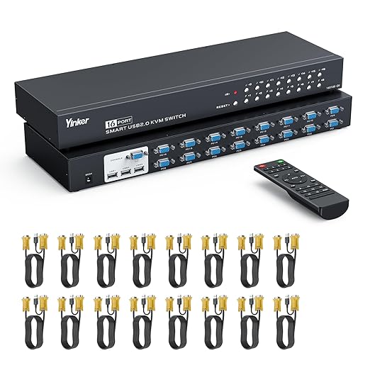 16 Port KVM Switch VGA Rack Mount KVM Console VGA 16x1 w/16-Pack KVM Cables IR Remote &amp Rack Mount Ears Support HD 1U 19'' Rack Cabinet