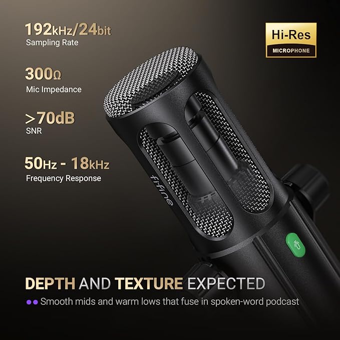 FIFINE Podcast Microphone USB/XLR Vocal Dynamic Microphone for Streaming Recording Broadcast Content Creator Studio Microphone for PC with Mute Button Headphone Monitoring-AmpliTank TANK6
