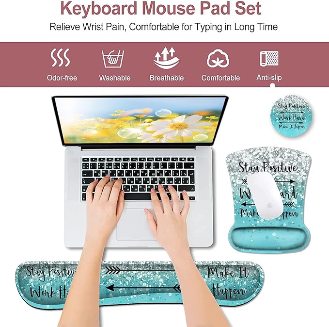 Mouse Pad with Wrist Support Ergonomic Gel Mouse Pad Memory Foam Keyboard Wrist Rest Suitable for Office Typing Games Desktop Decoration Stay Positive Work Hard and Blue Glitter Graphic Design
