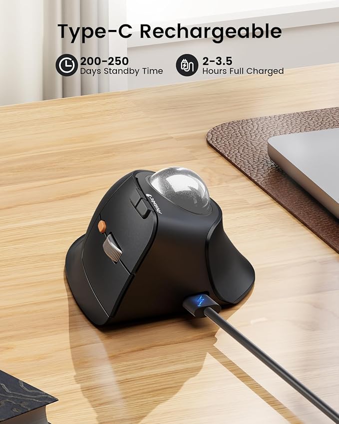 ProtoArc Vertical Wireless Trackball Mouse EM05 NL Bluetooth Ergonomic Rollerball Mouse Rechargeable Computer Laptop Thumb Mice 3 Device Connection Compatible with iPad Mac Windows PC-Silver