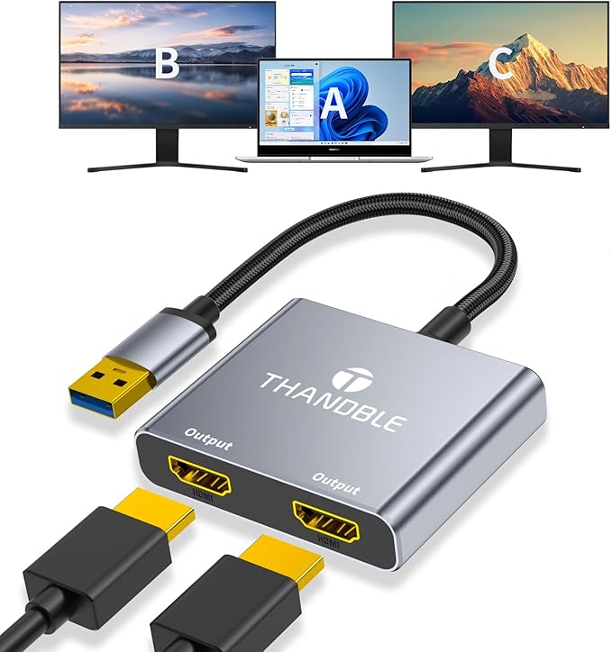 USB to Dual HDMI Adapter 1080P 60Hz USB A 3.0 to HDMI Adapter for Laptop PC Desktop Compatible with Mac OS Windows 7/8/10/11 - Requires Driver Installation