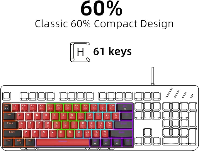 Snpurdiri 60% Wired Mechanical Keyboard Mini Gaming Keyboard with 61 Keys for PC Windows XP Win 7 Win 10 (Black-Red Red Switches)