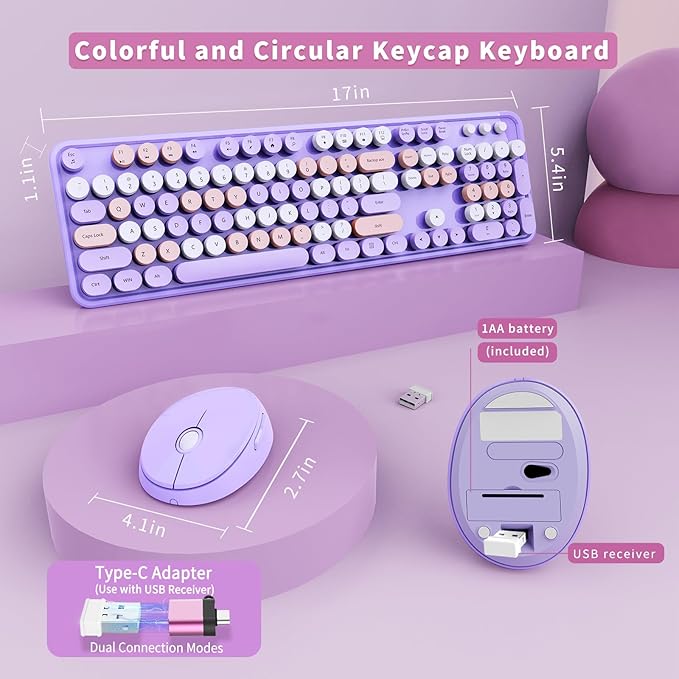 Wireless Keyboard and Mouse Combo Ergonomic Full Size Typewriter Retro Round Keycaps Keyboard Compatible with Windows PC Perfer for Home and Office Keyboards (Purple