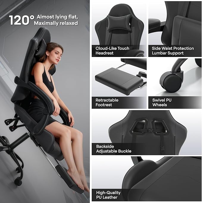 Athena Collection Ergonomic Gaming Chair with Footrest &amp Headrest Lumbar Support Height Adjustable Swivel Office Chair Reclining Game Chair Leather High Back Computer Chair for Adults Kids Black