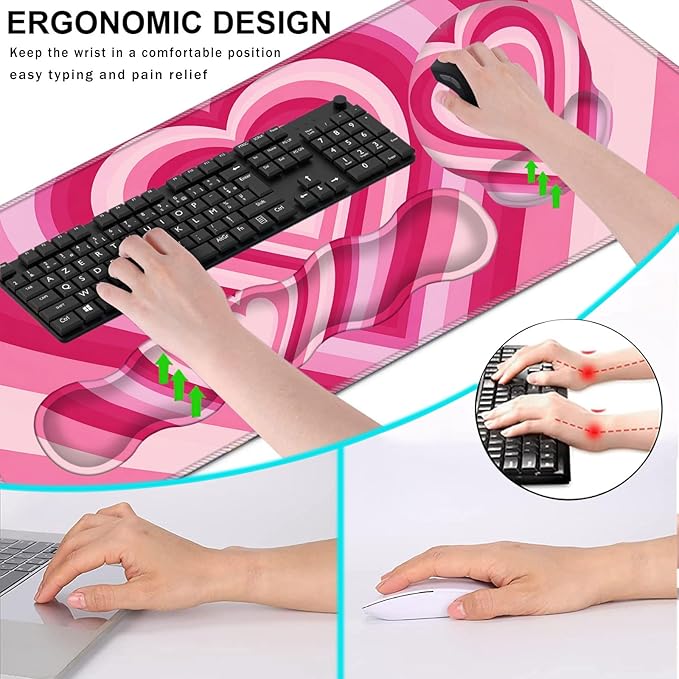 Mouse PadLarge Pink Desk Mat 4in1 XXL Mousepad + Keyboard Wrist Rest+Mouse Wrist Rest+Coaster Set with Ergonomic Desk Pad for Home Office Table Computer-Heart Pink